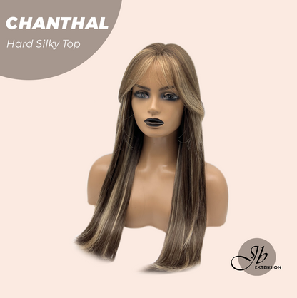 JBEXTENSION 25 Inches Scalpiana Brown with Blonde Highlight 3.5X4 Hard Silky Top Natural Scalp Effect Wig With Bangs CHANTHAL Alexwigs