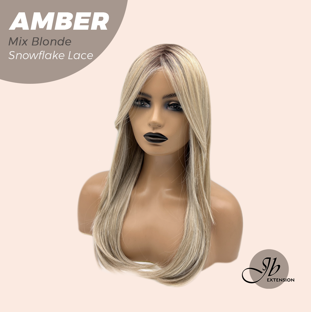 JBEXTENSION 21 Inches Straight Mix Blonde Pre-Cut T Part Snowflake Lace Frontlace Glueless Wig AMBER MIX BLONDE【BENDY EAR TABS】 Alexwigs