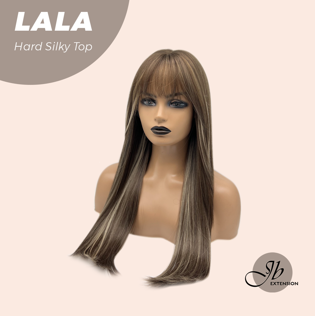 JBEXTENSION 25 Inches Scalpiana Brown with Blonde Highlight 3.5X4 Hard Silky Top Natural Scalp Effect Wig With Bangs LALA Alexwigs
