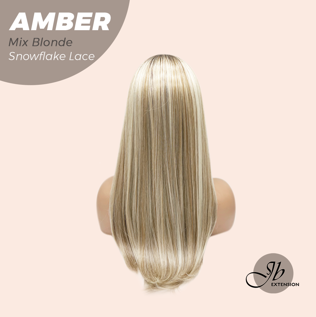 JBEXTENSION 21 Inches Straight Mix Blonde Pre-Cut T Part Snowflake Lace Frontlace Glueless Wig AMBER MIX BLONDE【BENDY EAR TABS】 Alexwigs