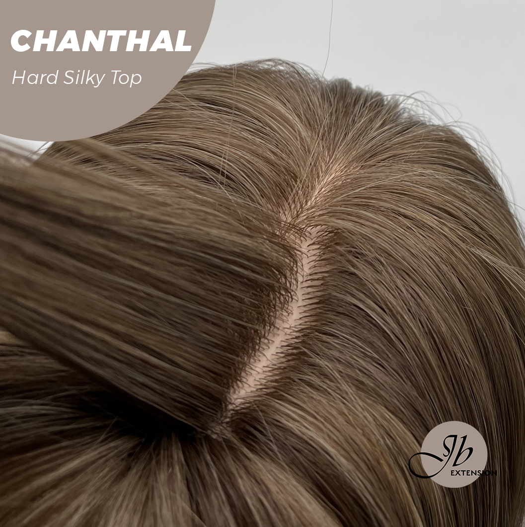 JBEXTENSION 25 Inches Scalpiana Brown with Blonde Highlight 3.5X4 Hard Silky Top Natural Scalp Effect Wig With Bangs CHANTHAL Alexwigs