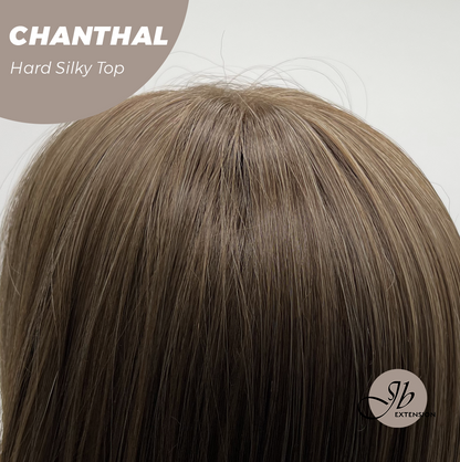 JBEXTENSION 25 Inches Scalpiana Brown with Blonde Highlight 3.5X4 Hard Silky Top Natural Scalp Effect Wig With Bangs CHANTHAL Alexwigs
