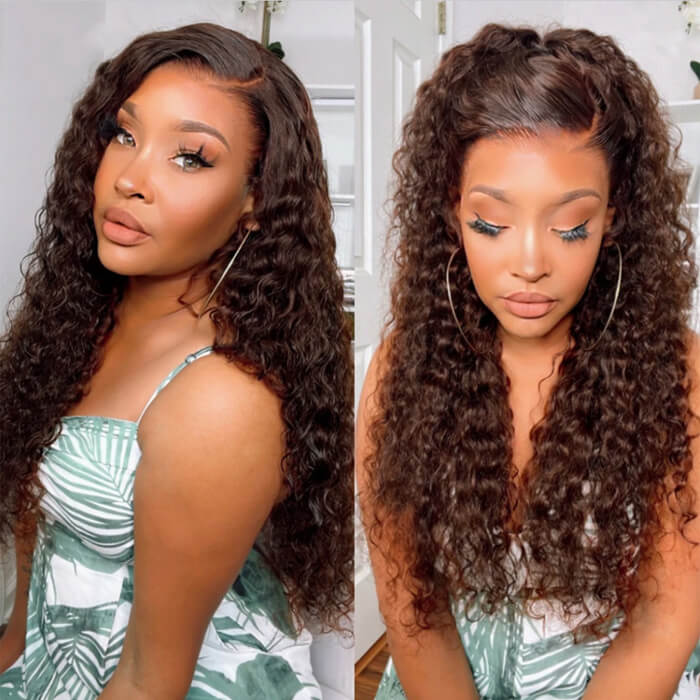 #4 Chocolate Brown Wig Deep Wave 13x6 HD Transparent Lace Frontal Wigs Pre-Colored Human Hair Wigs Alexwigs