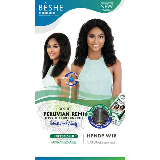 Beshe Peruvian Remi 100% Virgin Remy Human Hair Wet & Wavy HD Lace Wig - HPNDP.W 18"
