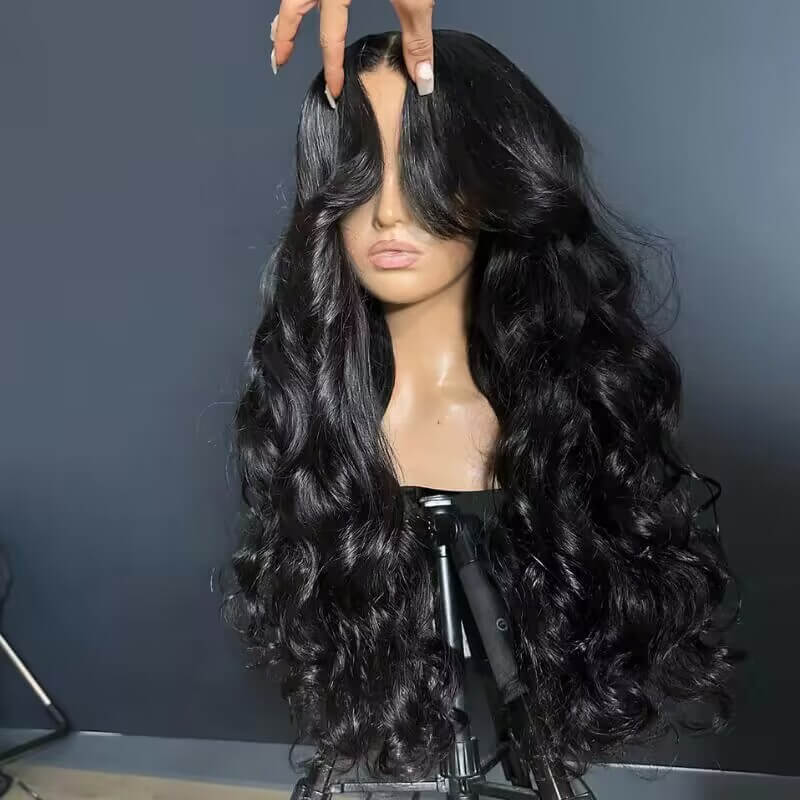13x6 Full Lace Frontal Pre-Styled Loose Body Wave Wigs With Curtain Bangs Human Hair Pre Bleached Brailian Wigs For Women Alexwigs