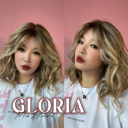 [PRE-ORDER] JBEXTENSION 14 Inches Curly Mix Blonde Wig with Bangs Pre-Cut T Part Snowflake Lace Frontlace Glueless Wig GLORIA MIX BLONDE Alexwigs