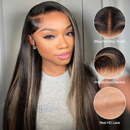 #1b/27 Blonde Highlights 4x4 HD Lace Closure Glueless Human Hair Wig Alexwigs