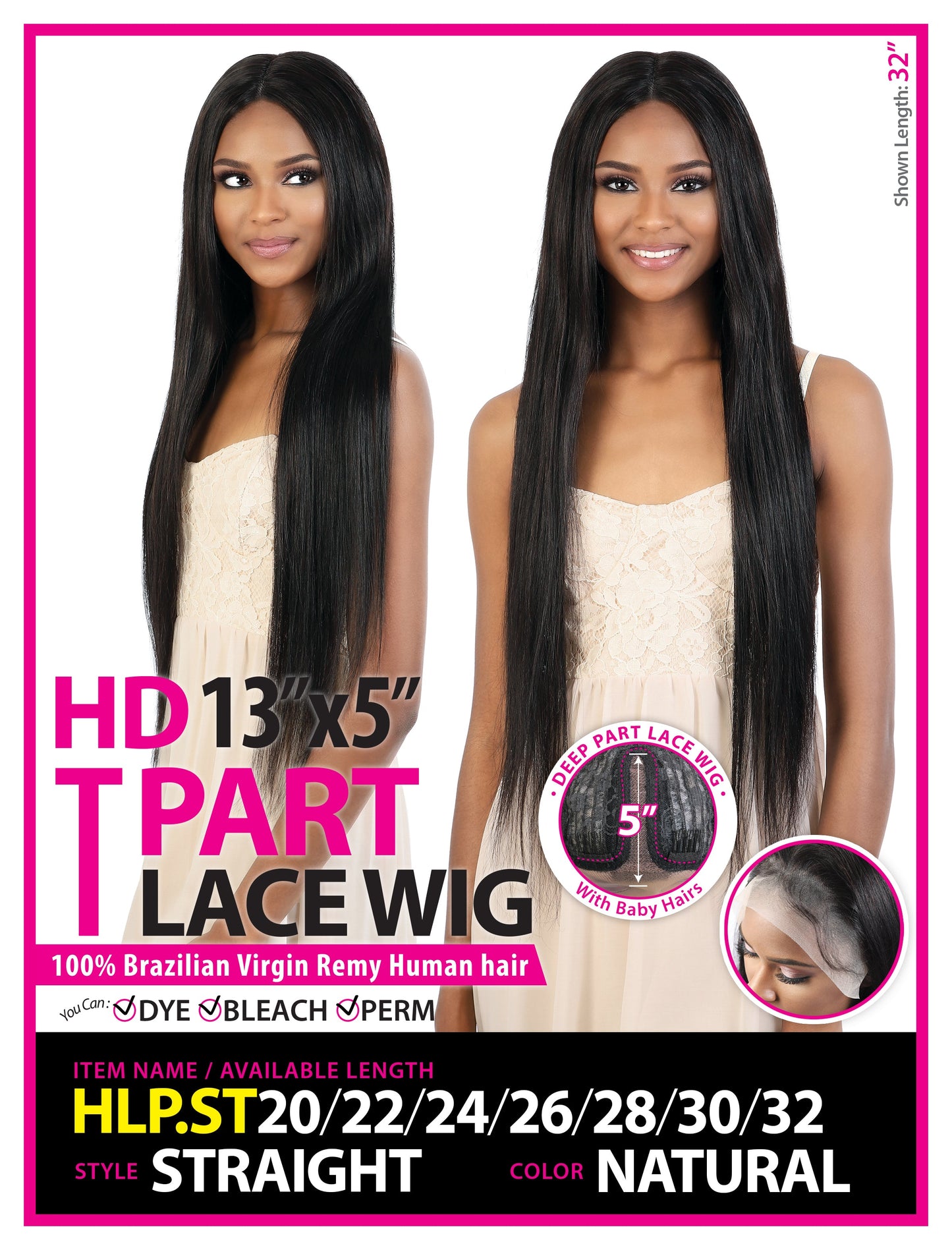 Beshe Seduction 100% Brazilian Virgin Remy Human Hair HD 13"x5" T Part Lace Wig - HLP.ST STRAIGHT 20-32"
