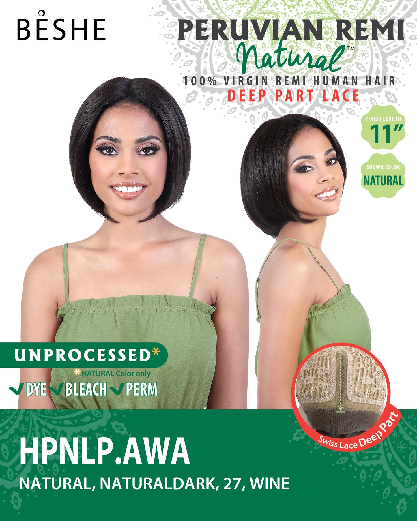 Beshe Peruvian Remi Natural Virgin Remi Human Hair Deep Part Lace Wig HPNLP.AWA