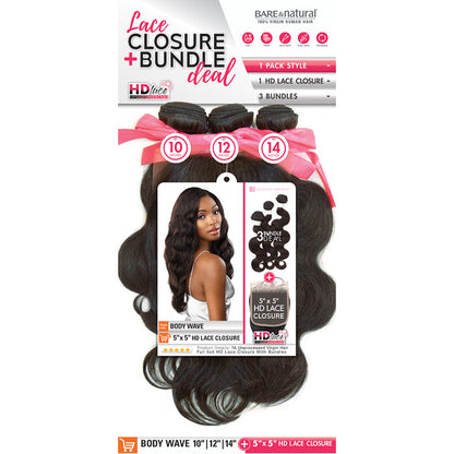 Sensationnel Bare & Natural 100% Virgin Human Hair 5x5 HD Lace Closure 3 Bundles Weave - BODY WAVE 10-22" Alexwigs