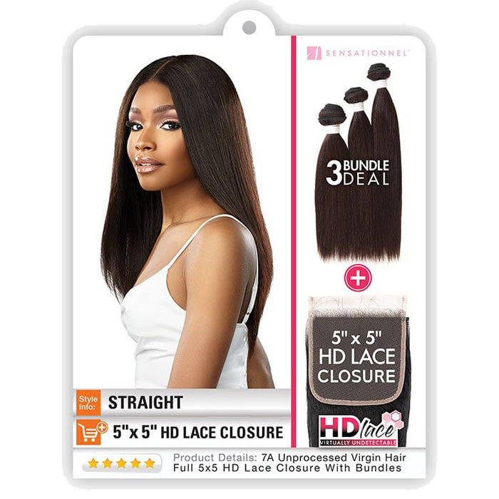 Sensationnel Bare & Natural 7A 100% Virgin Human Hair 5X5 HD Lace Closure 3 Bundle Deal Weave - STRAIGHT 10-22" Alexwigs