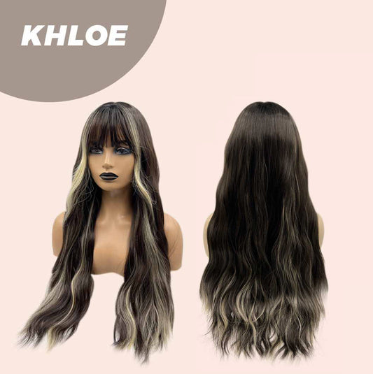 JBEXTENSION 26 Inches Body Wave Natural Black With Blonde Highlight Hair With Full Bangs Wig KHLOE Alexwigs