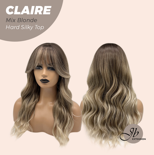 JBEXTENSION 22 Inches Scalpiana Mix Blonde 3.5X4 Hard Silky Top Natural Scalp Effect Women Wig With Bangs CLAIRE SILKY TOP MIX BLONDE Alexwigs
