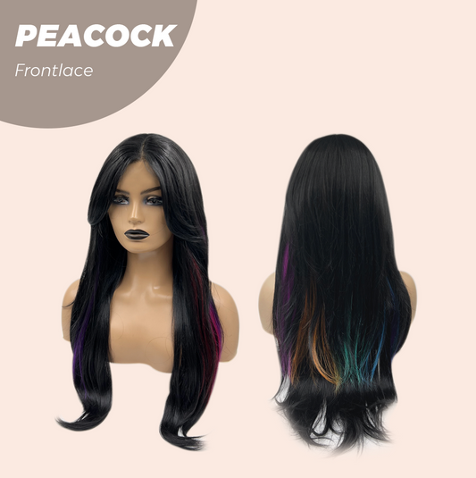 JBEXTENSION 26 Inches Curly Black With Multiple Color Pre-Cut Frontlace Wig PEACOCK Alexwigs