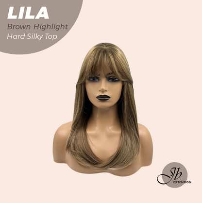JBEXTENSION 20 Inches Scalpiana Brown Highlight Wolf Cut 3.5X4 Hard Silky Top Natural Scalp Effect Wig With Bangs LILA BROWN HIGHLIGHT Alexwigs