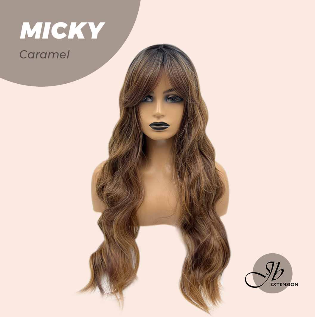JBEXTENSION 26 Inches Caramel Body Wave With Dark Root Wig With Bangs MICKY CARAMEL Alexwigs