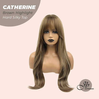 JBEXTENSION 25 Inches Scalpiana Brown With Highlight 3.5X4 Hard Silky Top Natural Scalp Effect Wig With Bangs CATHERINE BROWN HIGHLIGHT Alexwigs