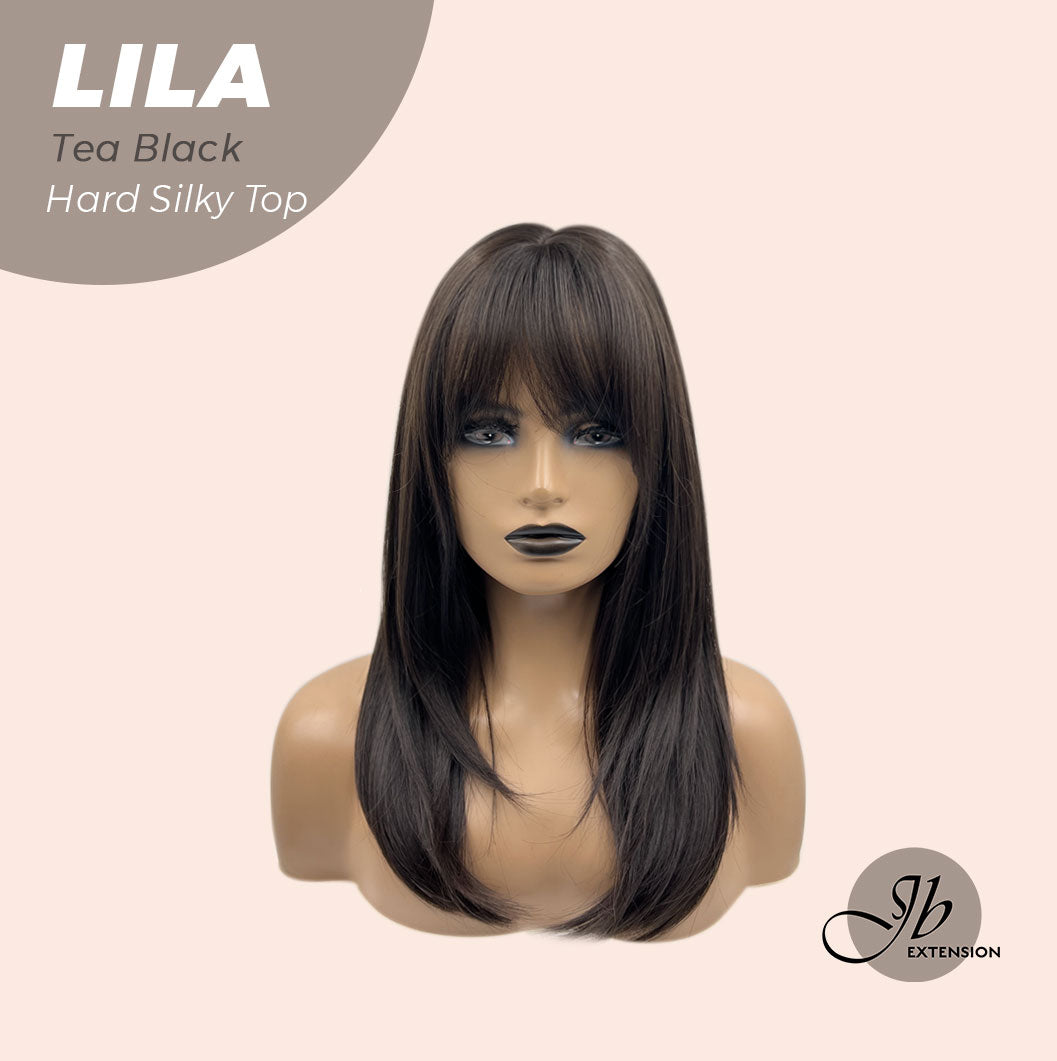 JBEXTENSION 20 Inches Scalpiana Tea Black Darkest Brown Wolf Cut 3.5X4 Hard Silky Top Natural Scalp Effect Wig With Bangs LILA TEA BLACK Alexwigs