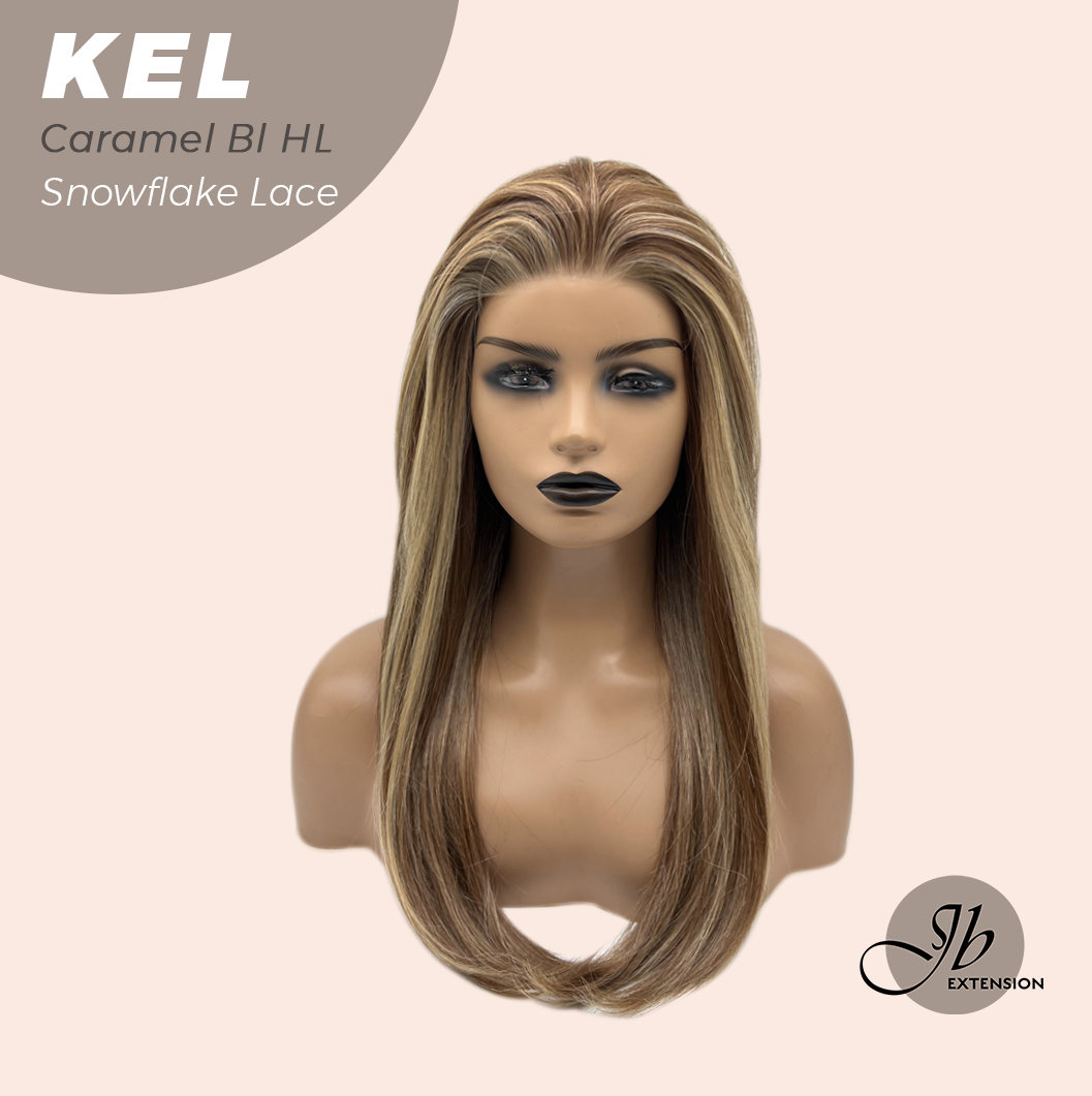 JBEXTENSION 22 Inches Caramel Blonde Highlight Pre-Cut Snowflake Lace Frontlace Glueless Wig KEL CARAMEL BLONDE HIGHLIGHT【PERMATEASE】【BENDY EAR TABS】 Alexwigs