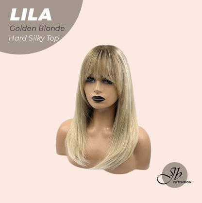 JBEXTENSION 20 Inches Scalpiana Blonde with Dark Root Wolf Cut 3.5X4 Hard Silky Top Natural Scalp Effect Wig With Bangs LILA GOLDEN BLONDE Alexwigs