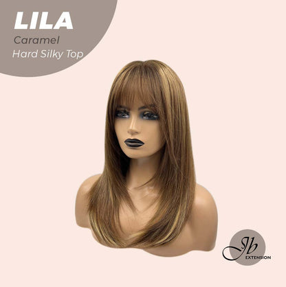 JBEXTENSION 20 Inches Scalpiana Brown with Highlight Wolf Cut 3.5X4 Hard Silky Top Natural Scalp Effect Wig With Bangs LILA CARAMEL Alexwigs