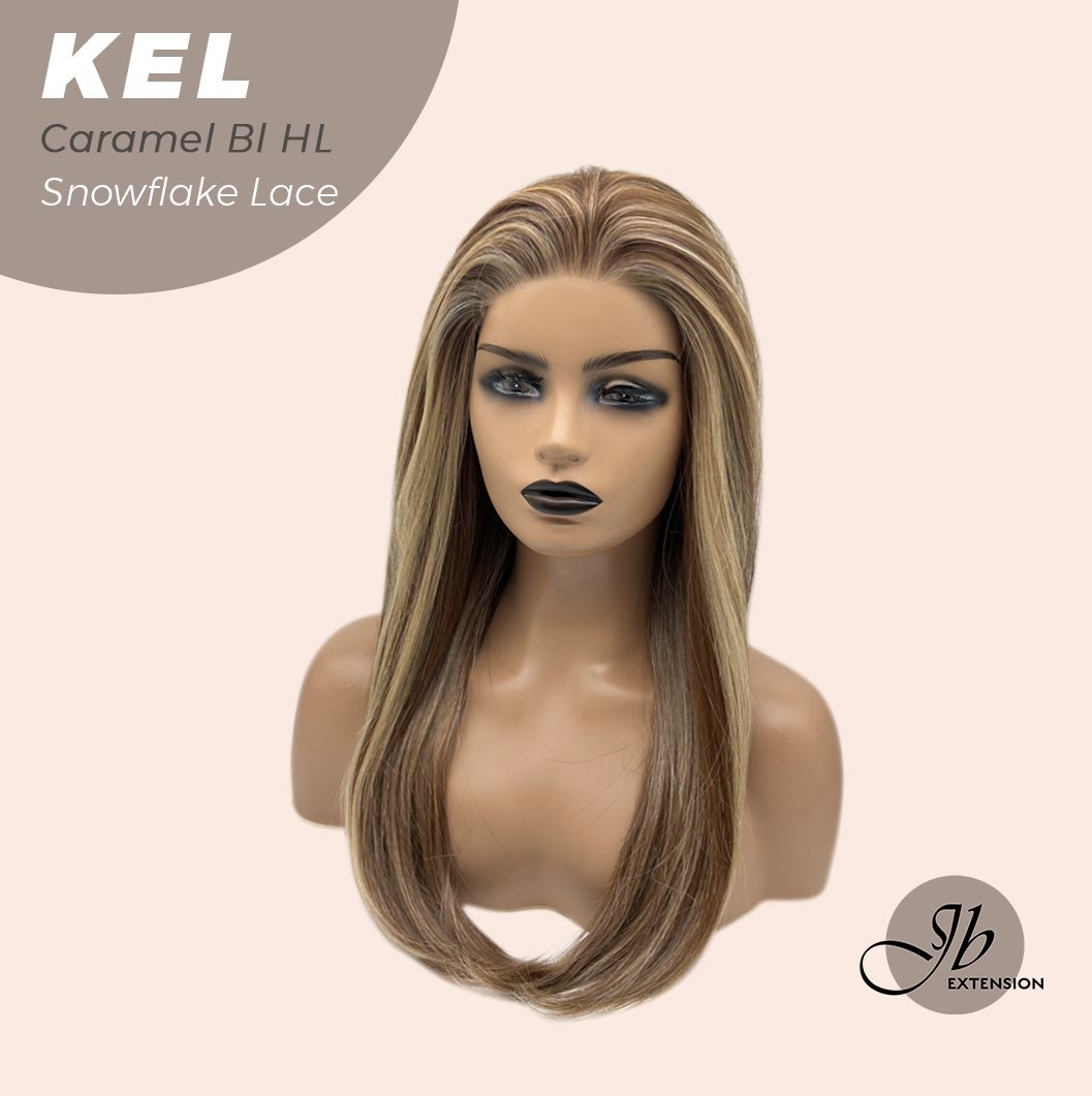 JBEXTENSION 22 Inches Caramel Blonde Highlight Pre-Cut Snowflake Lace Frontlace Glueless Wig KEL CARAMEL BLONDE HIGHLIGHT【PERMATEASE】【BENDY EAR TABS】 Alexwigs