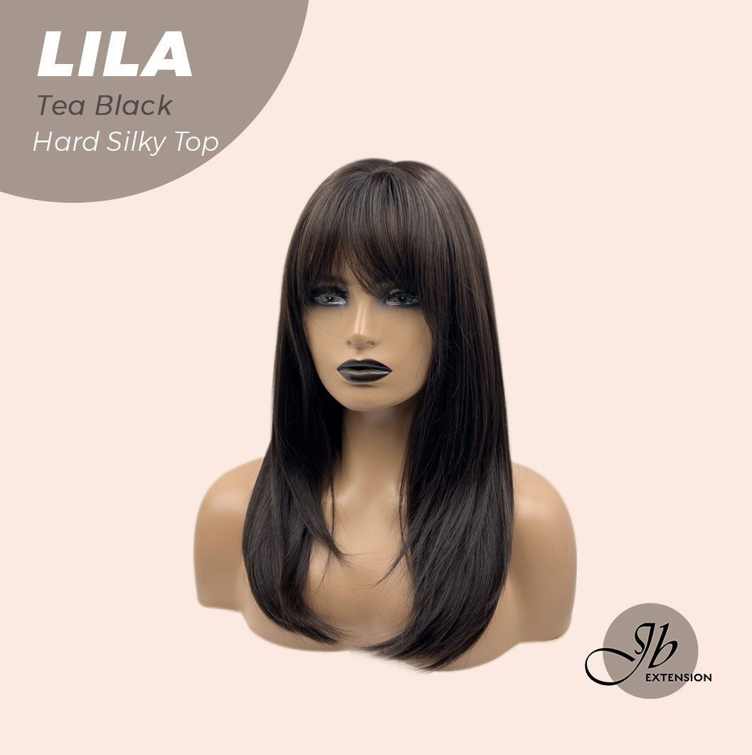 JBEXTENSION 20 Inches Scalpiana Tea Black Darkest Brown Wolf Cut 3.5X4 Hard Silky Top Natural Scalp Effect Wig With Bangs LILA TEA BLACK Alexwigs