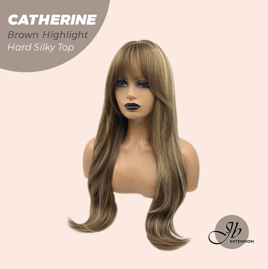 JBEXTENSION 25 Inches Scalpiana Brown With Highlight 3.5X4 Hard Silky Top Natural Scalp Effect Wig With Bangs CATHERINE BROWN HIGHLIGHT Alexwigs