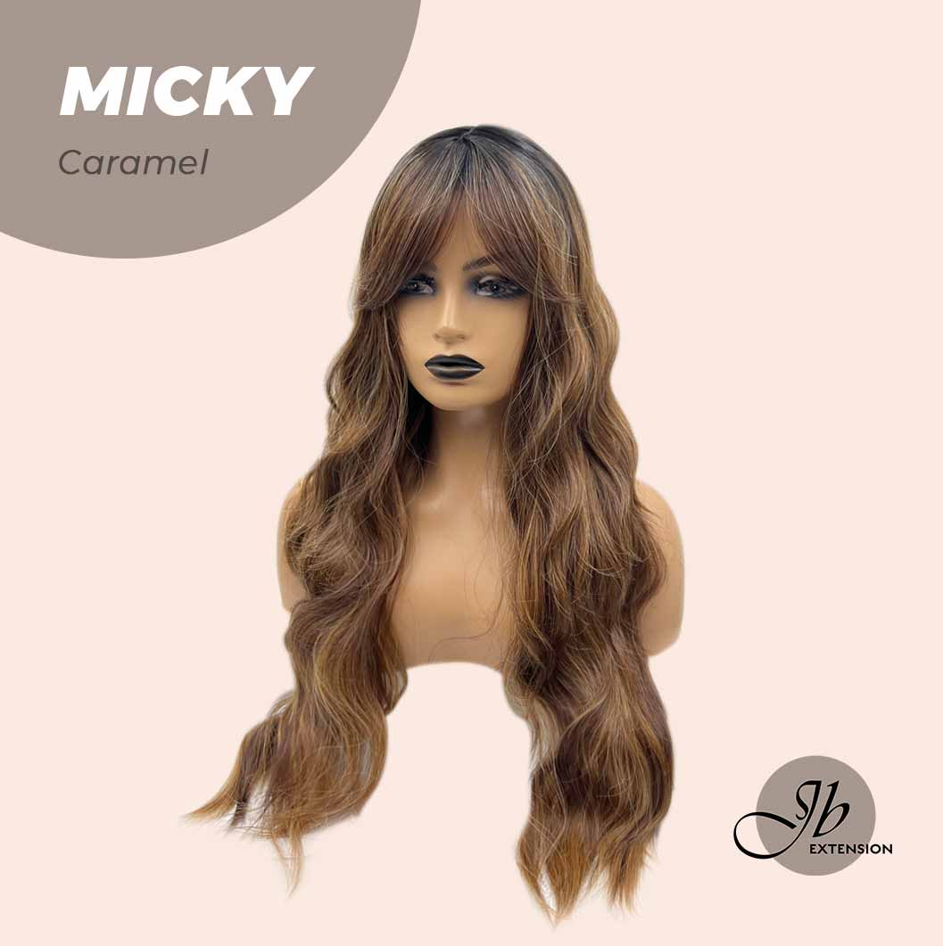 JBEXTENSION 26 Inches Caramel Body Wave With Dark Root Wig With Bangs MICKY CARAMEL Alexwigs
