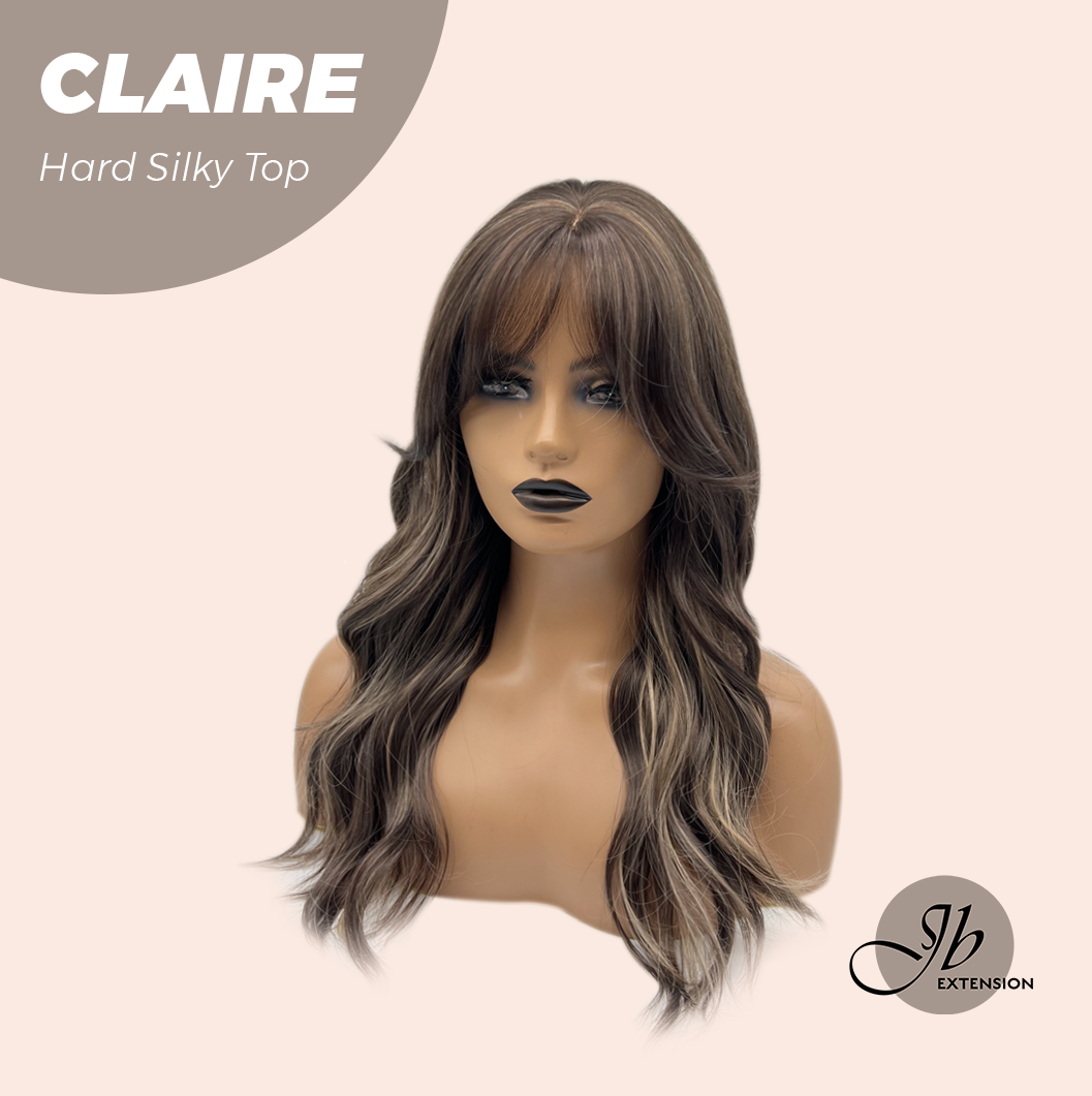 JBEXTENSION 22 Inches Scalpiana Brown With Highlight 3.5X4 Hard Silky Top Natural Scalp Effect Women Wig With Bangs CLAIRE SILKY TOP Alexwigs