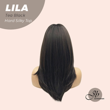 JBEXTENSION 20 Inches Scalpiana Tea Black Darkest Brown Wolf Cut 3.5X4 Hard Silky Top Natural Scalp Effect Wig With Bangs LILA TEA BLACK Alexwigs