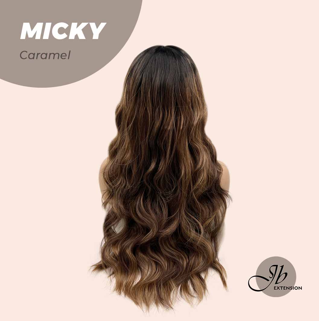 JBEXTENSION 26 Inches Caramel Body Wave With Dark Root Wig With Bangs MICKY CARAMEL Alexwigs