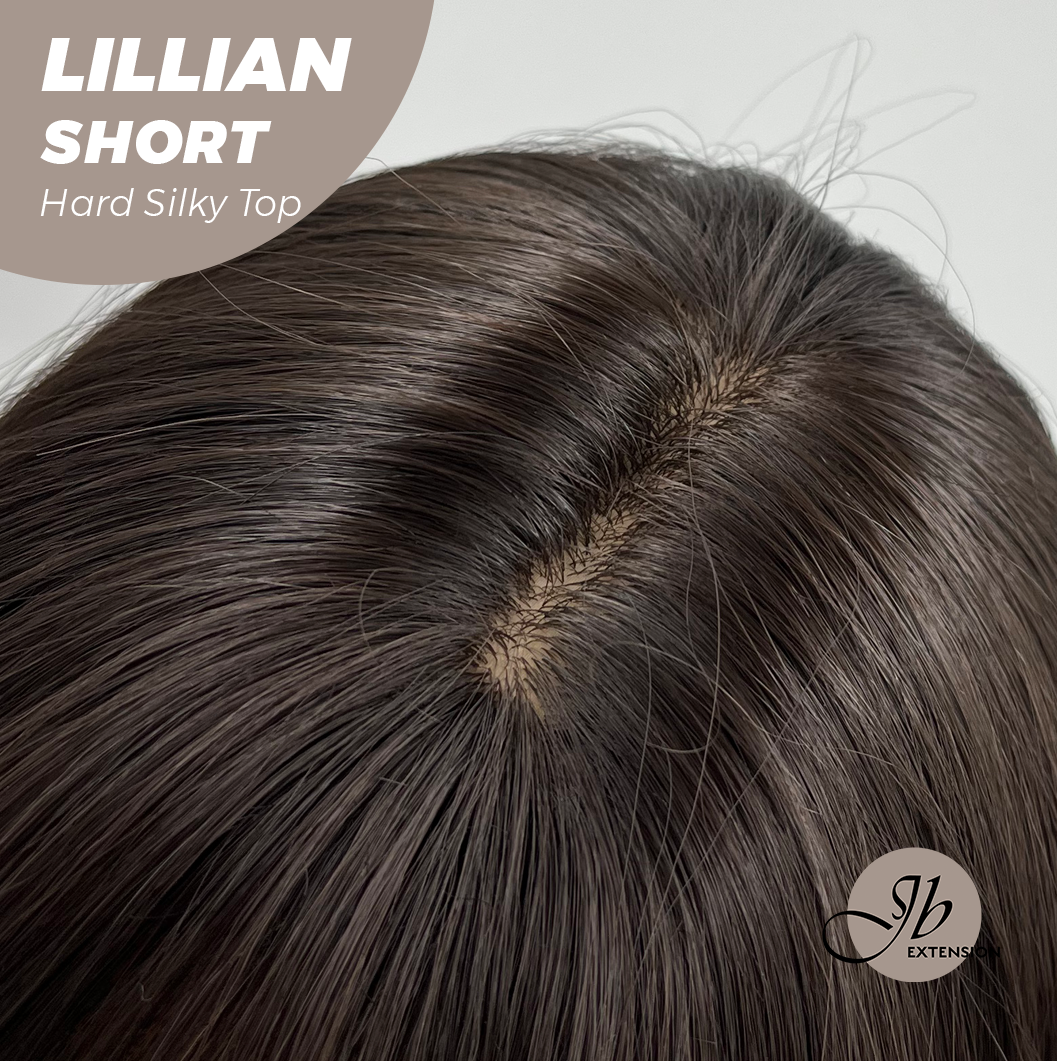 JBEXTENSION 22 Inches Scalpiana Tea Black Darkest Brown Curly 3.5X4 Hard Silky Top Natural Scalp Effect Wig LILLIAN SILKY TOP SHORT Alexwigs