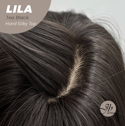 JBEXTENSION 20 Inches Scalpiana Tea Black Darkest Brown Wolf Cut 3.5X4 Hard Silky Top Natural Scalp Effect Wig With Bangs LILA TEA BLACK Alexwigs