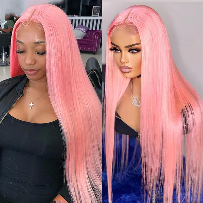 13x4 HD Lace Frontal  Human Hair Wigs Straight Pink Color Wig For Women Pre Plucked Bleached Knots Alexwigs