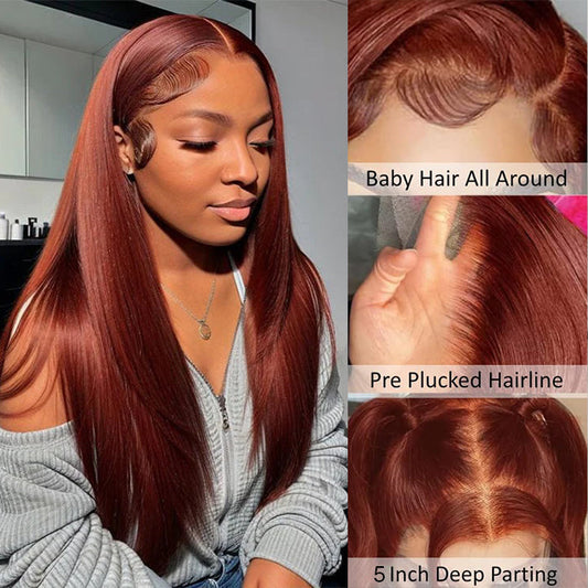 #33 Reddish Brown 5x5 HD Transparent Lace Pre Plucked Natural Hairline Human Hair Wigs Alexwigs