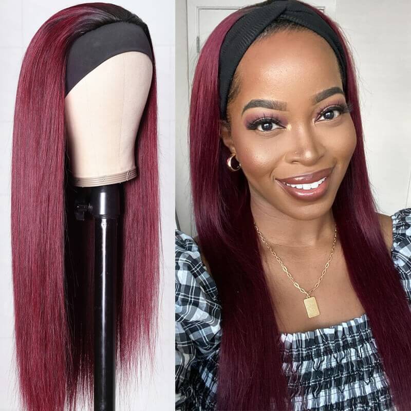 #99J Sugar Plum Color Headband Wig 100% Human Hair With Black Root | Throw On & Go Alexwigs