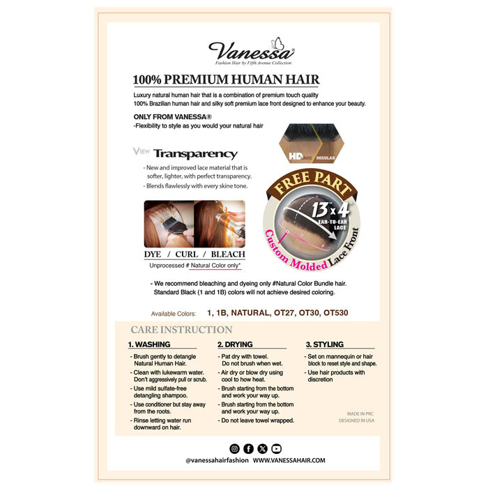 Vanessa Glueless 100% Premium Brazilian Human Hair 13x4 HD Lace Front Part - H134 LORY Alexwigs